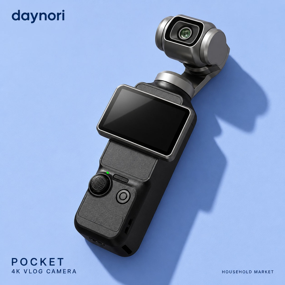 Daynori Pocket 4K vlog camera photographed diagonally on a blue surface.