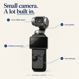 Daynori Pocket feature map: 1-inch CMOS sensor, 3-axis gimbal, rotating touchscreen and one-hand grip.