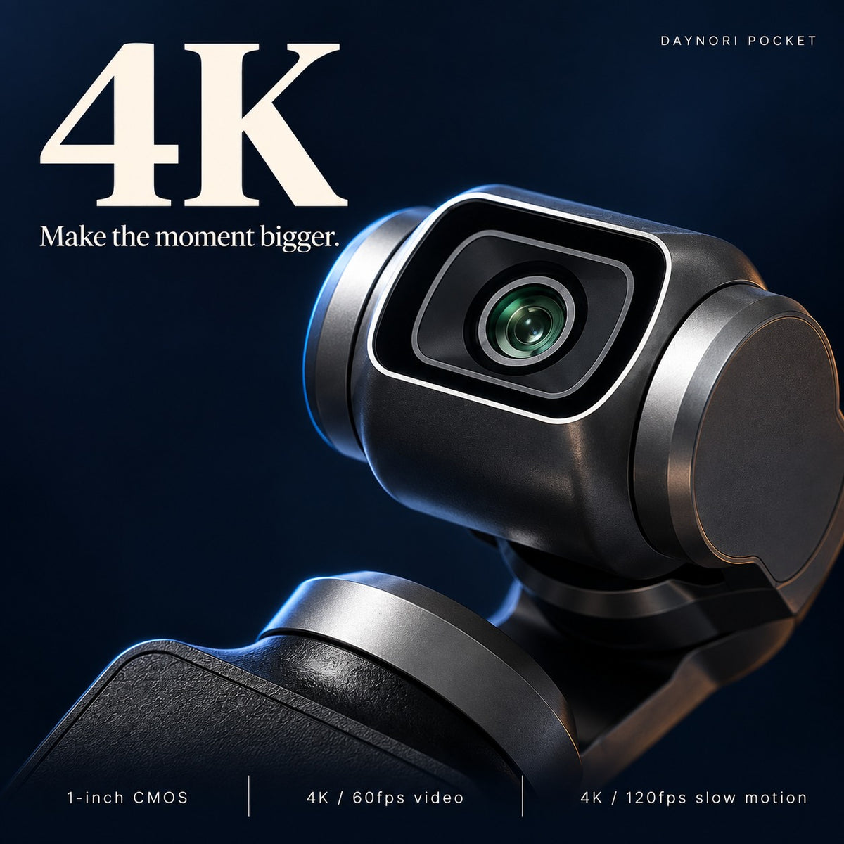 Daynori Pocket lens detail: 1-inch CMOS, 4K/60fps video and 4K/120fps slow motion.