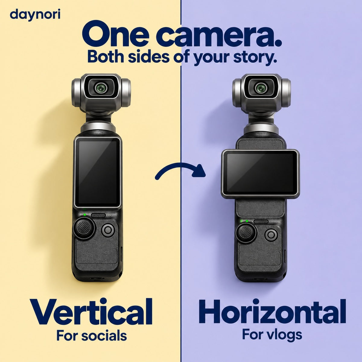 Daynori Pocket rotating screen in vertical and horizontal positions: vertical for socials and horizontal for vlogs.