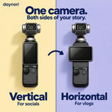 Daynori Pocket rotating screen in vertical and horizontal positions: vertical for socials and horizontal for vlogs.