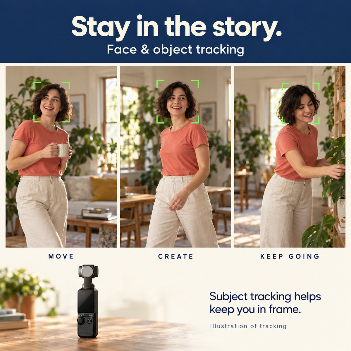Three-frame illustration of Daynori Pocket face and object tracking, helping keep a moving subject in frame.