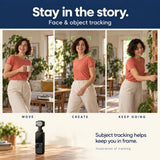 Three-frame illustration of Daynori Pocket face and object tracking, helping keep a moving subject in frame.