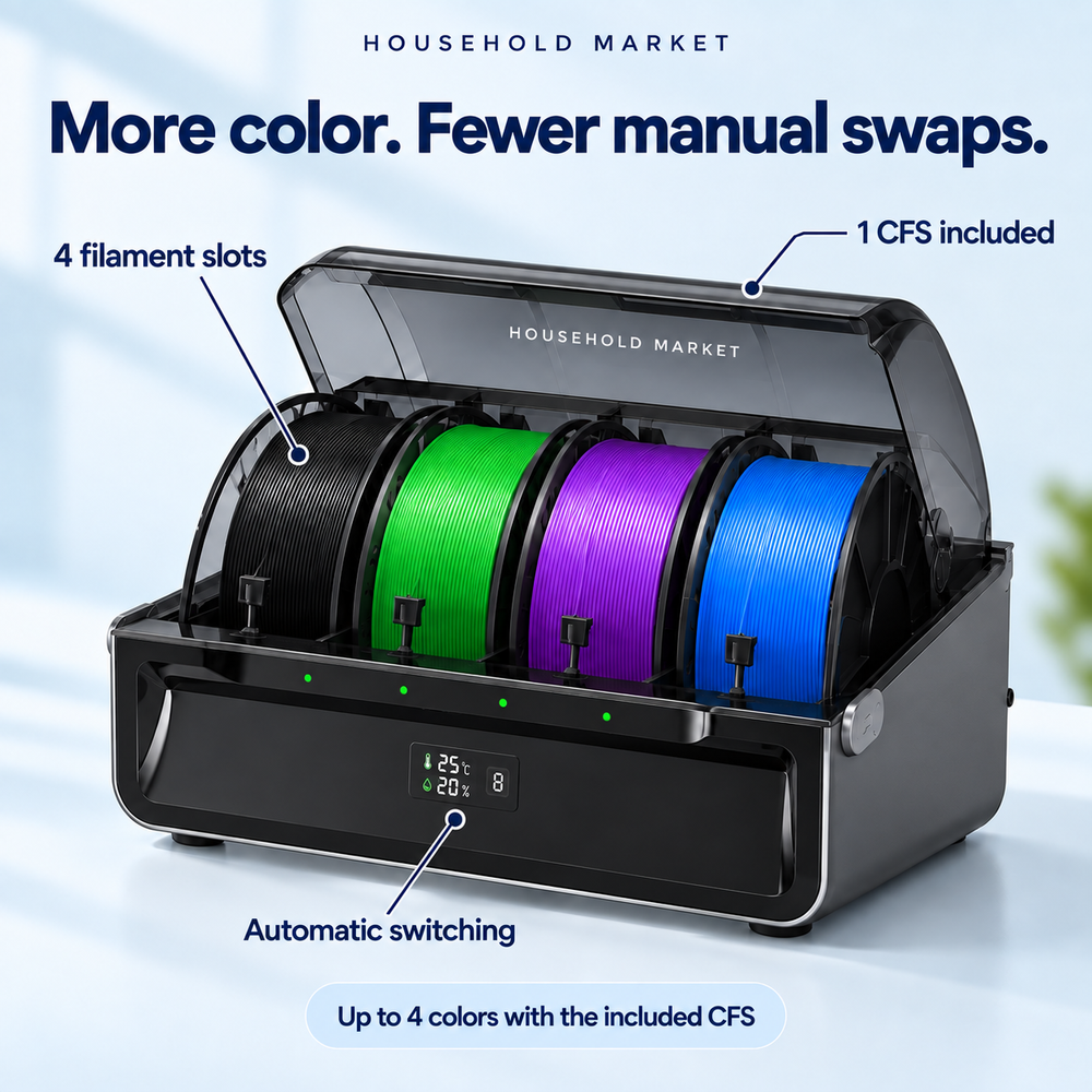Four-slot CFS with black, green, purple and blue filament. Automatic switching supports up to four colors with the included unit.