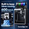 Formridge X4 direct-drive extruder and up to 600 mm/s maximum printing speed. Actual speed varies with model, material and settings.