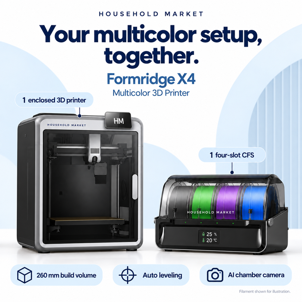 Formridge X4 setup includes one enclosed 3D printer and one four-slot CFS. Filament shown for illustration.