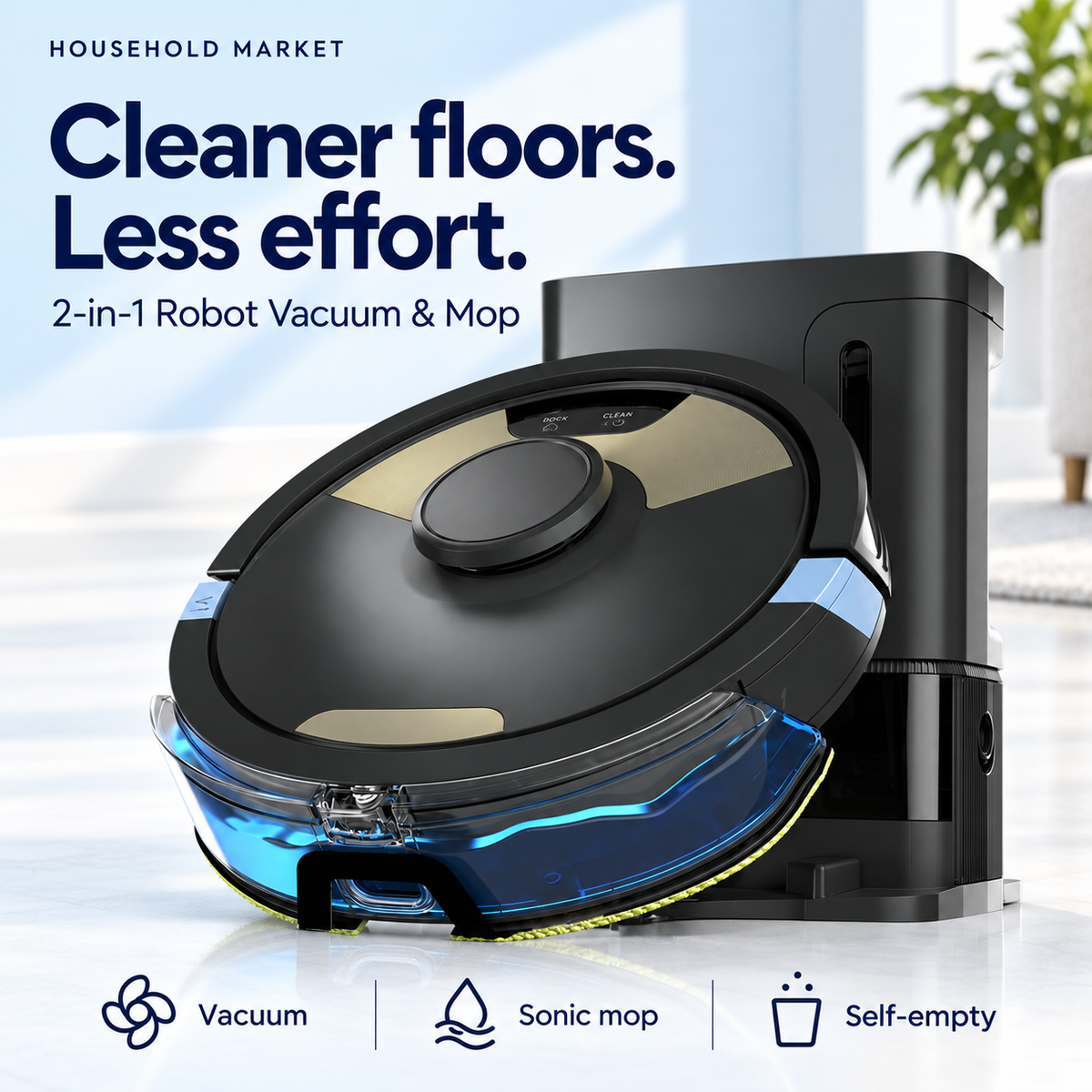 HavenSweep robot vacuum and mop with the blue mopping attachment and self-empty base
