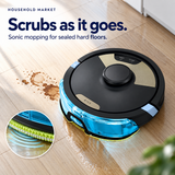 HavenSweep sonic mop close-up with blue reservoir attached on sealed oak flooring.