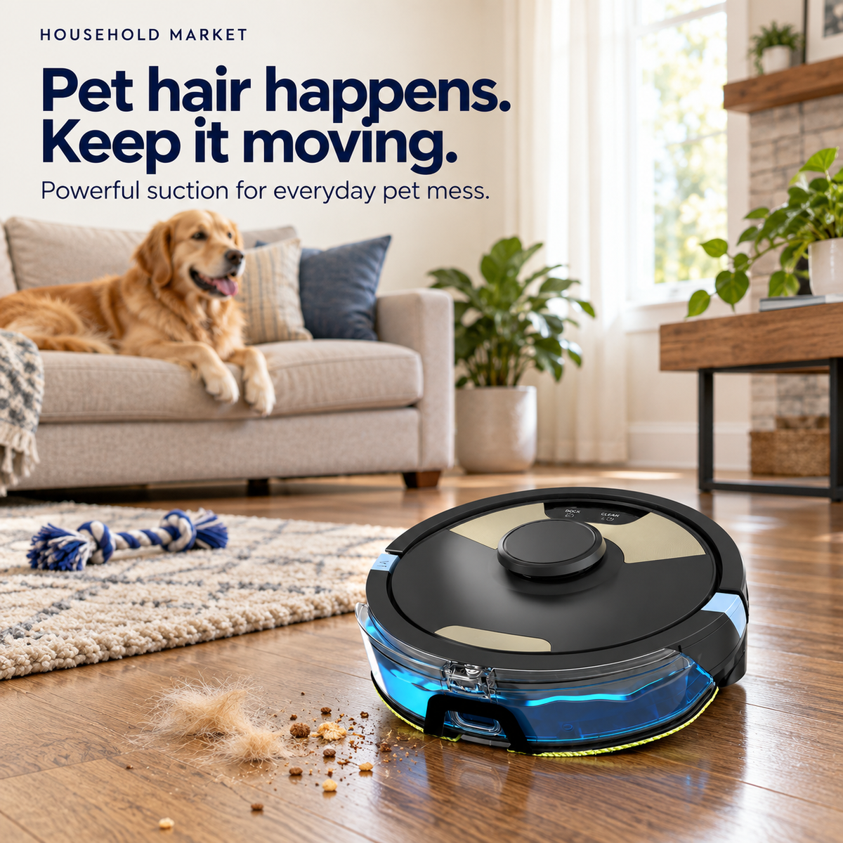 HavenSweep picking up pet hair on hardwood beside a sofa and golden retriever.