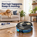 HavenSweep picking up pet hair on hardwood beside a sofa and golden retriever.