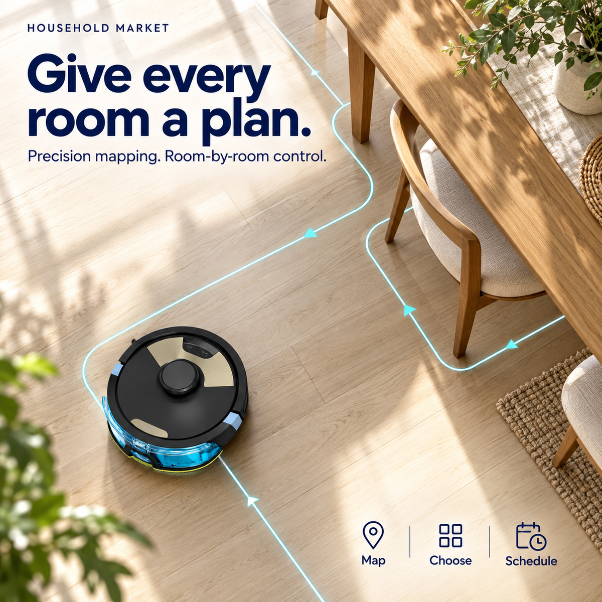 Overhead HavenSweep view on hardwood with an illustrated route around dining furniture.