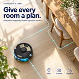 Overhead HavenSweep view on hardwood with an illustrated route around dining furniture.