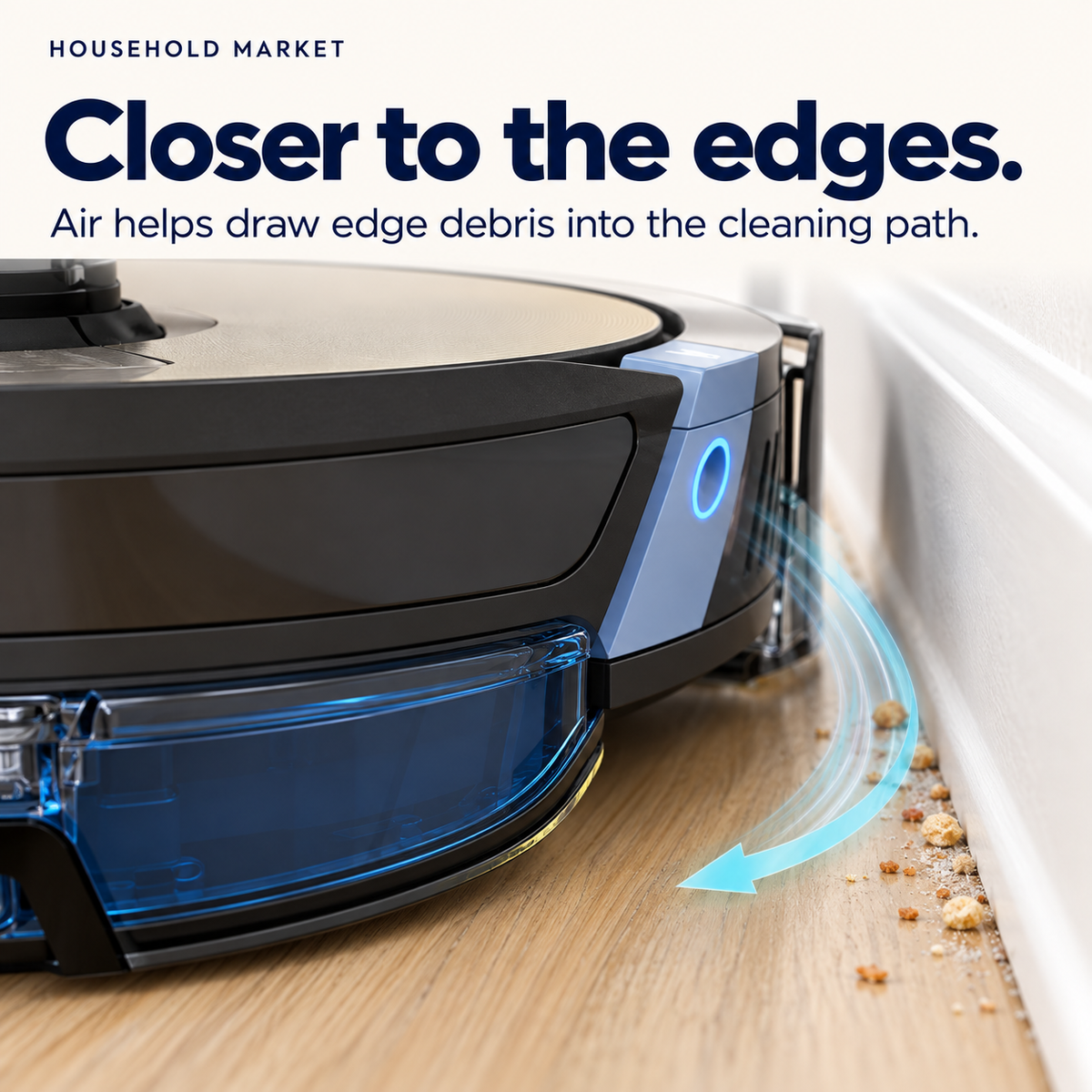 Close-up of the HavenSweep edge-cleaning side panel and blue mopping attachment beside a baseboard.