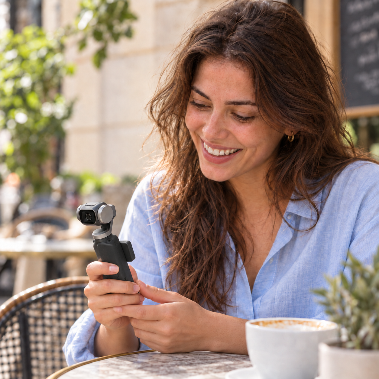 Lifestyle illustration of a smiling woman holding a pocket camera with both hands near a cafe table.