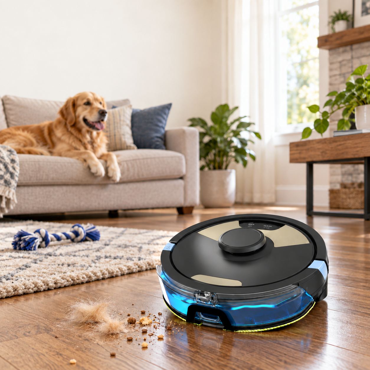 HavenSweep with its blue mopping attachment on a wood floor beside a sofa with a resting dog.
